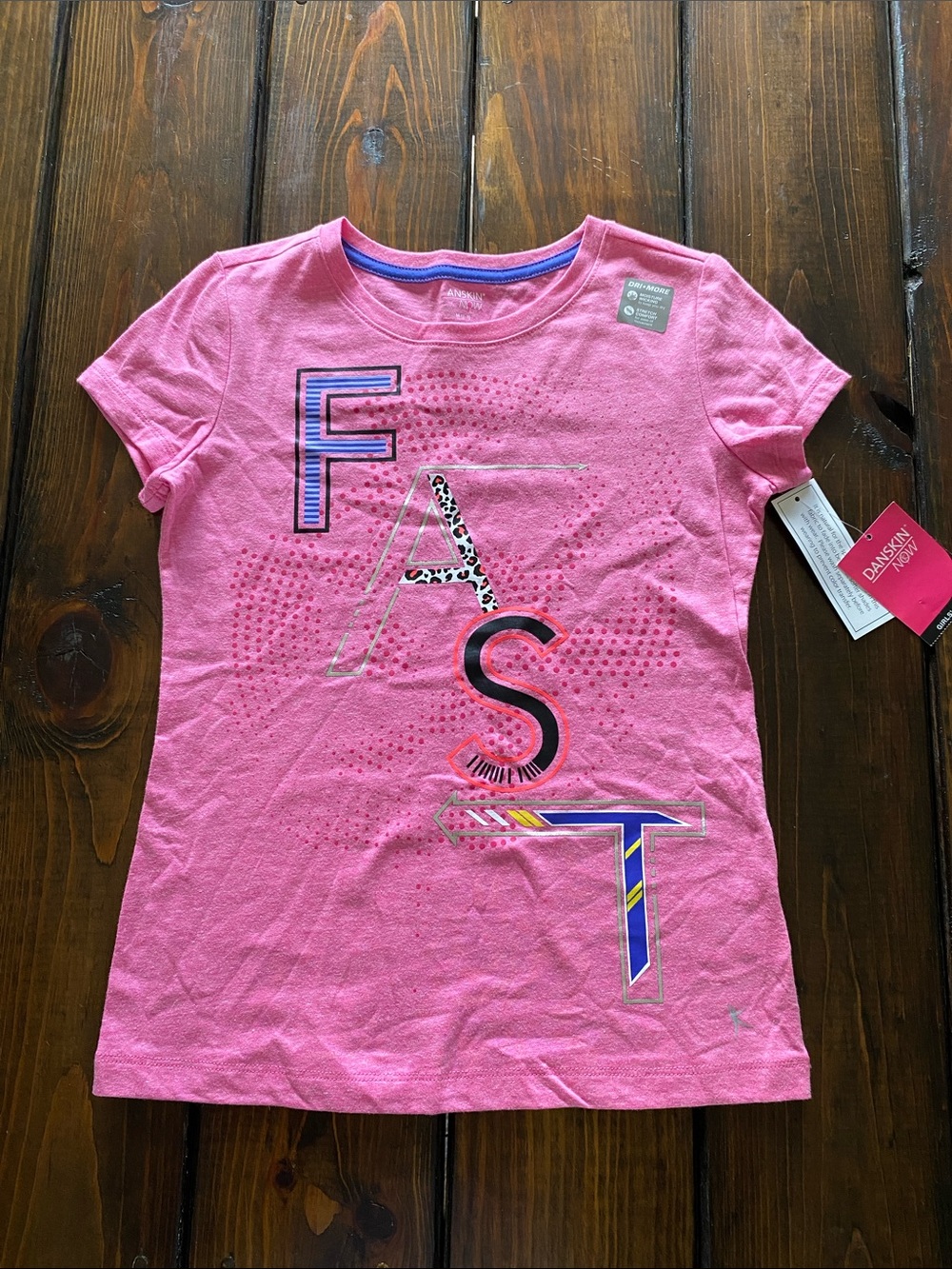 Danskin Now Pink Short Sleeve Sporty Tee with FAST Graphic Letters Size 7/8 New